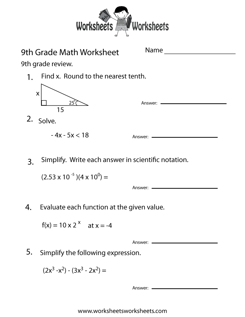 9th Grade Math Worksheets Printable