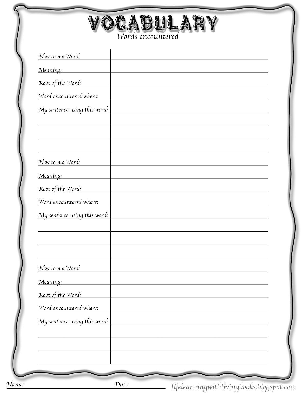 Blank Vocabulary Sheet Free Printables