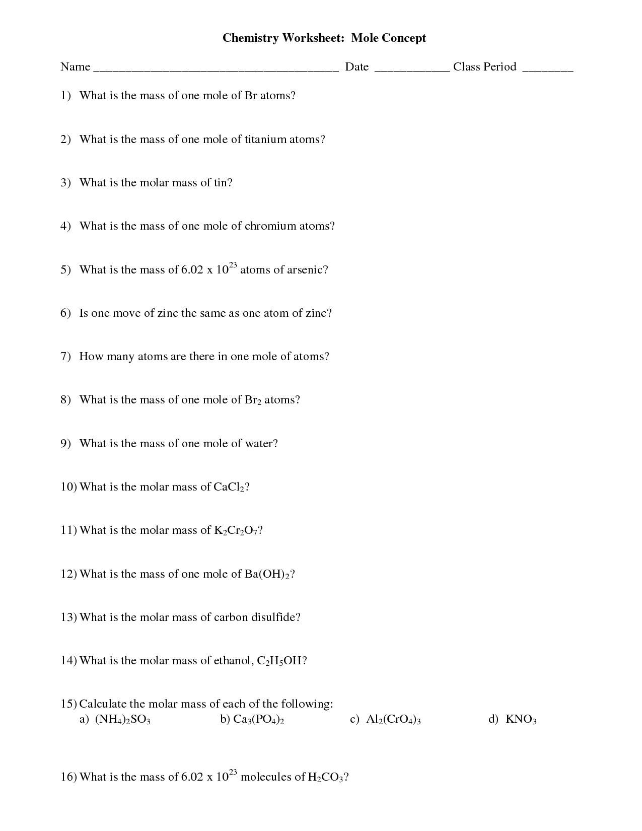 Chemistry Mole Concept Worksheet Answers