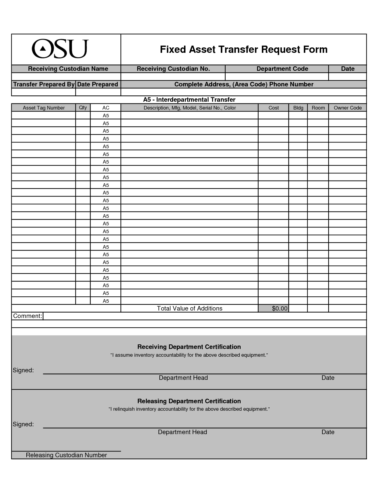 Fixed Asset Transfer Form Template