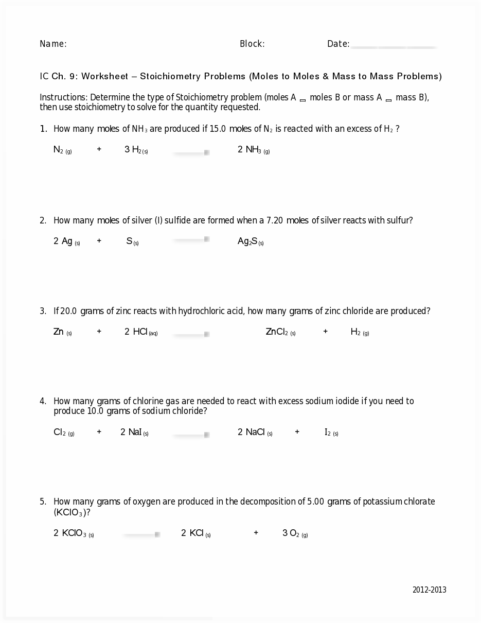 Mass to Mole Stoichiometry Worksheet Answer Key