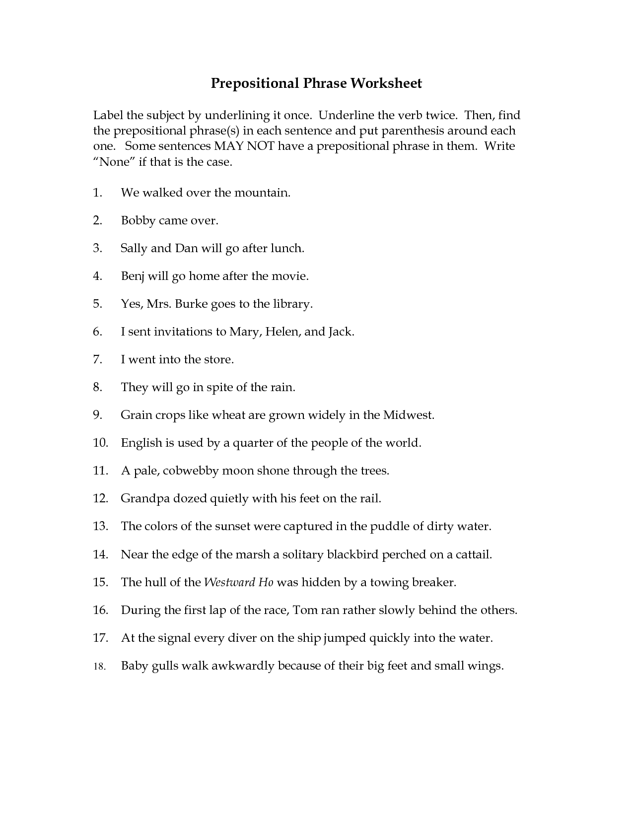 Preposition and Prepositional Phrases Worksheets