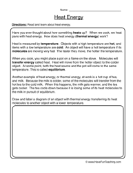 Science Worksheets Heat Energy