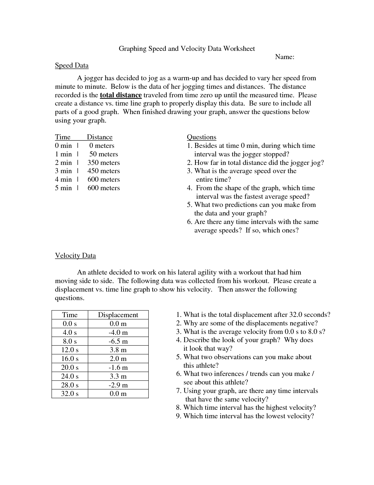 Speed and Velocity Graphing Worksheets