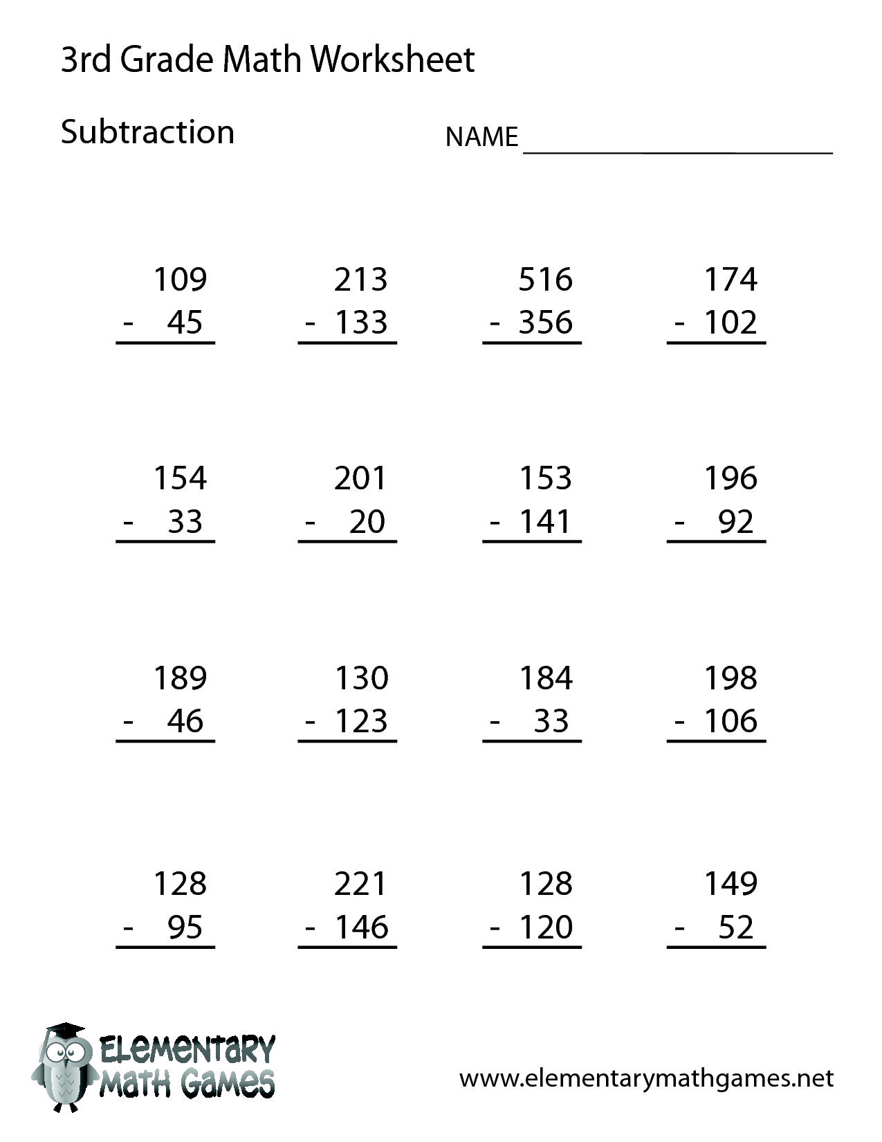 3rd Grade Math Subtraction Worksheets