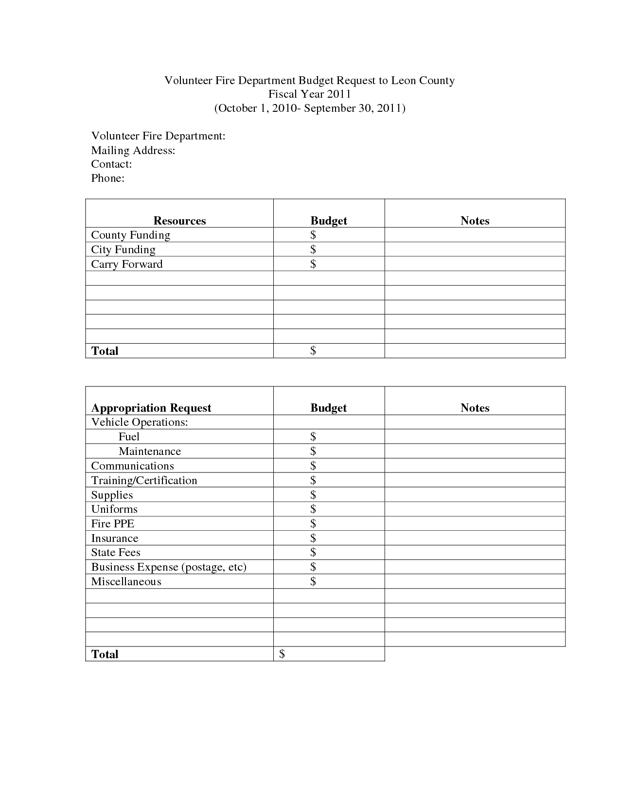 Fire Department Budget Request Form Template