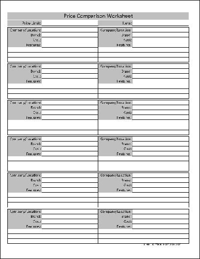 Price Comparison Worksheets