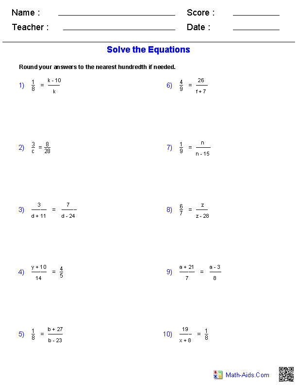 Solving Proportions Worksheet