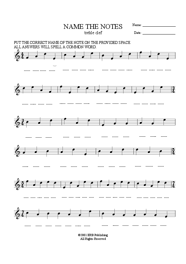 Treble Clef Note Name Worksheet