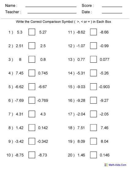 4th Grade Math Worksheets Decimals