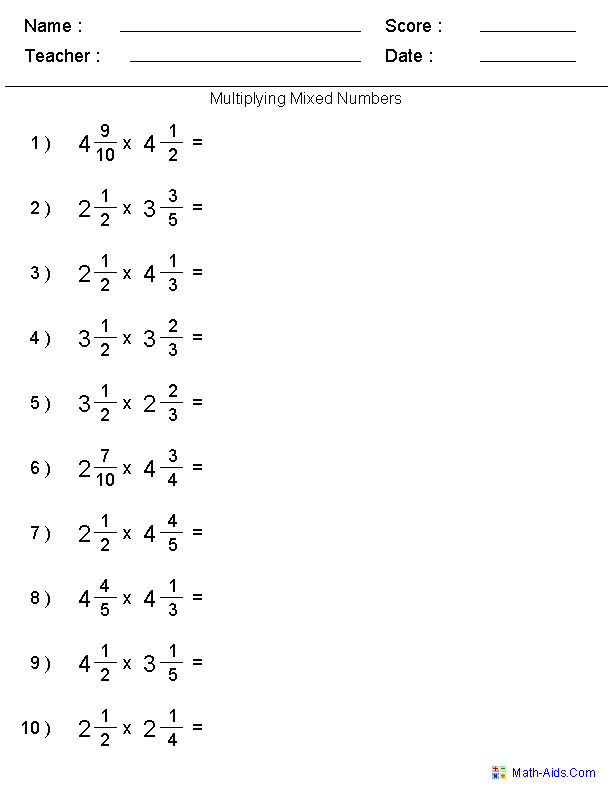 Dividing Fractions and Mixed Numbers Worksheets