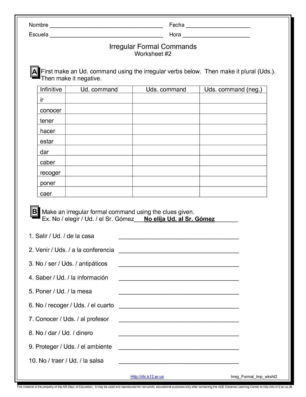 Formal Commands Spanish Worksheet