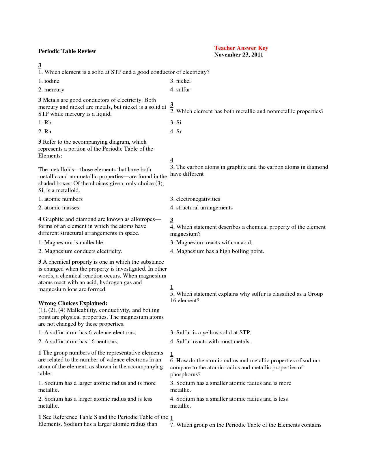 Periodic Table Worksheet Answer Key