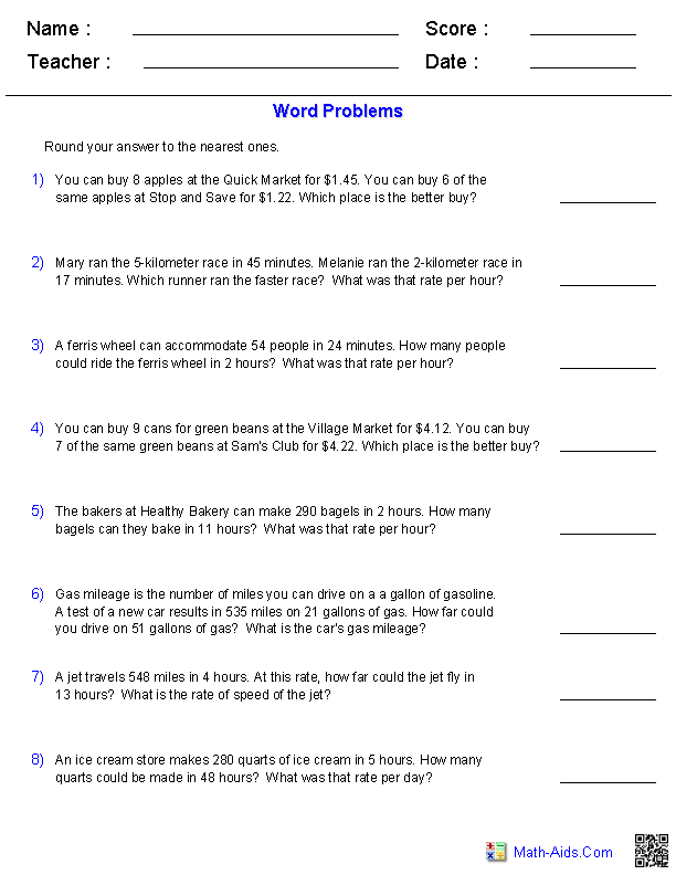 Rates Worksheets 6th Grade Math Word Problem