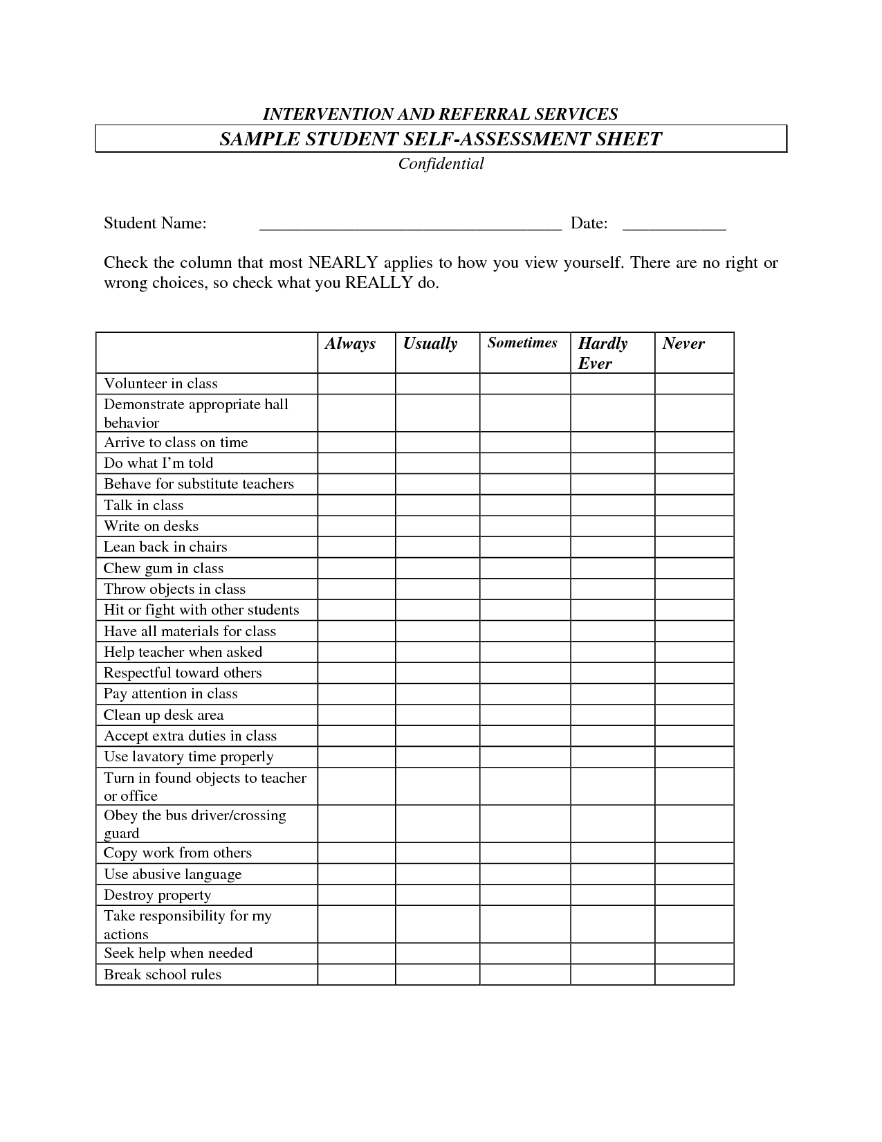 Free Printable Self Assessment Worksheet