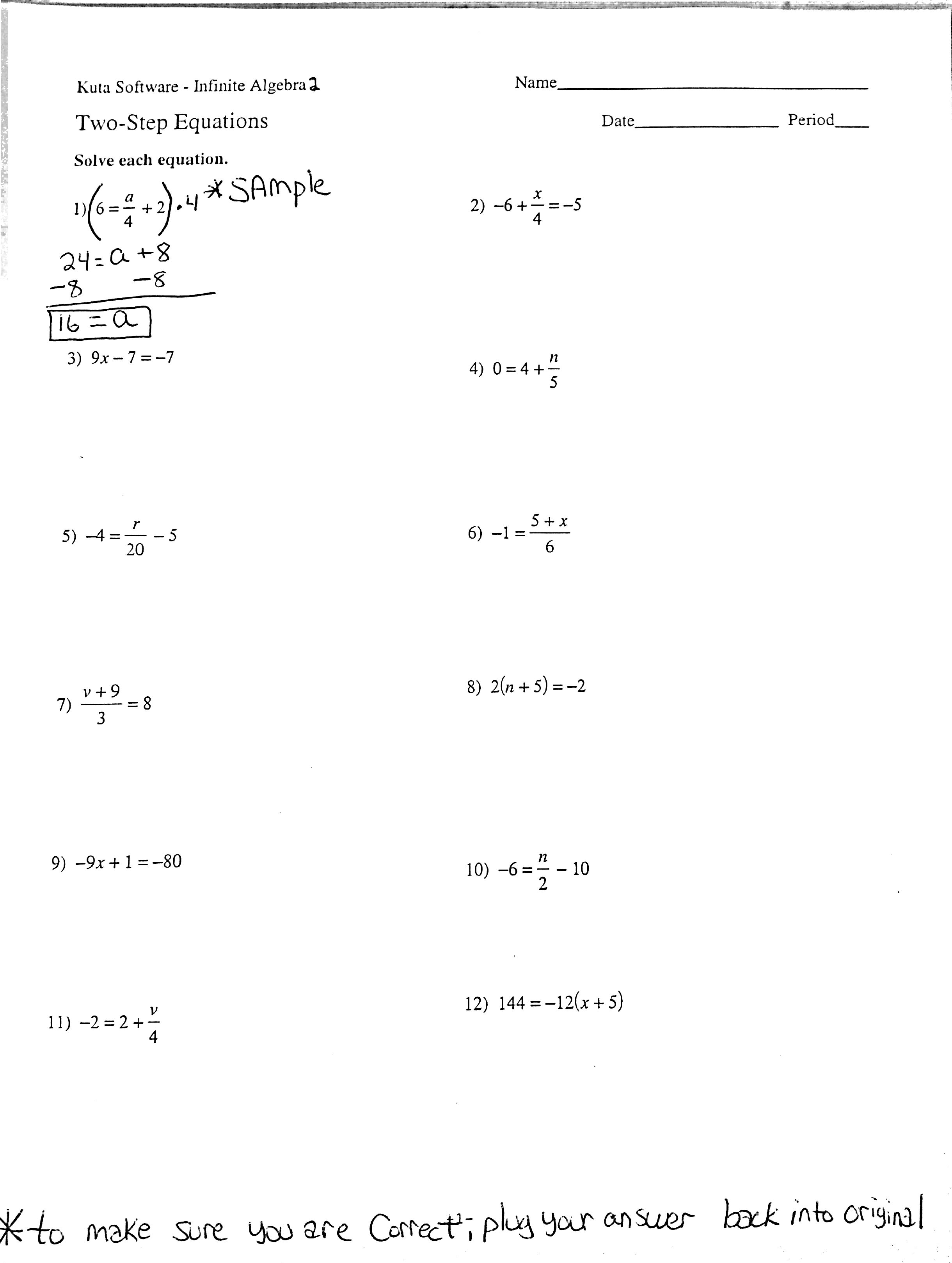 Solving Two step Equations Worksheets Answer Key