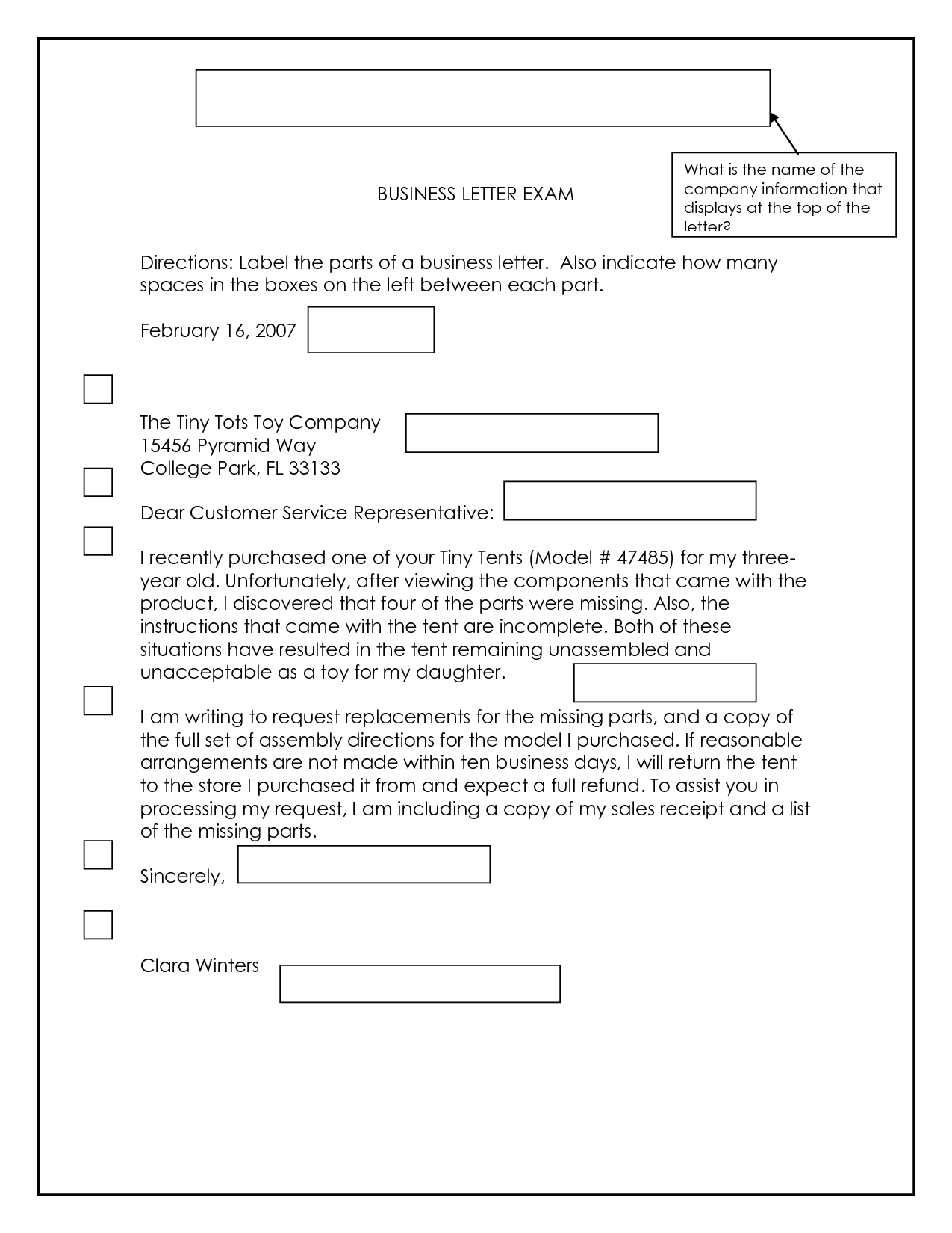 Business Letter Parts Worksheet