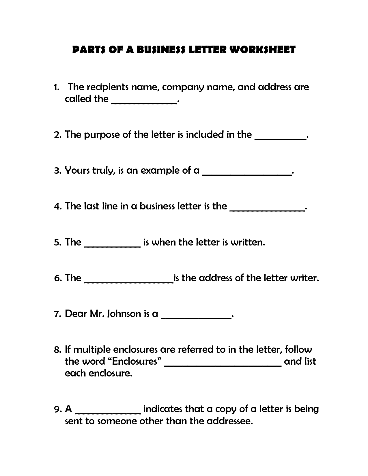 Business Letter Parts Worksheet