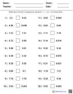 Comparing Decimals Worksheet 4th Grade