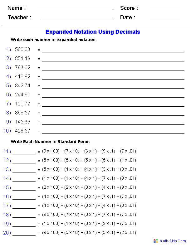 Decimal Place Value Expanded Form Worksheets