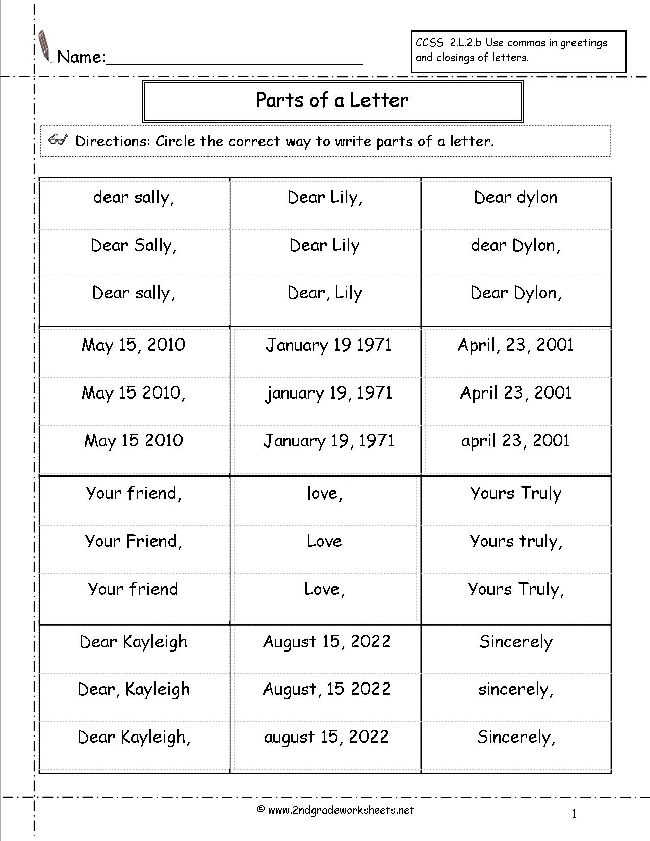 Friendly Letter Worksheet