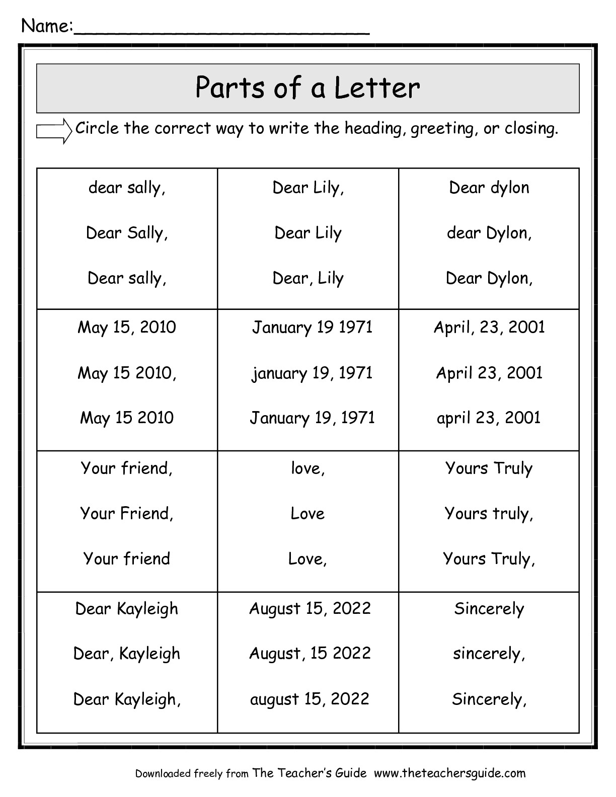 Friendly Letter Worksheet