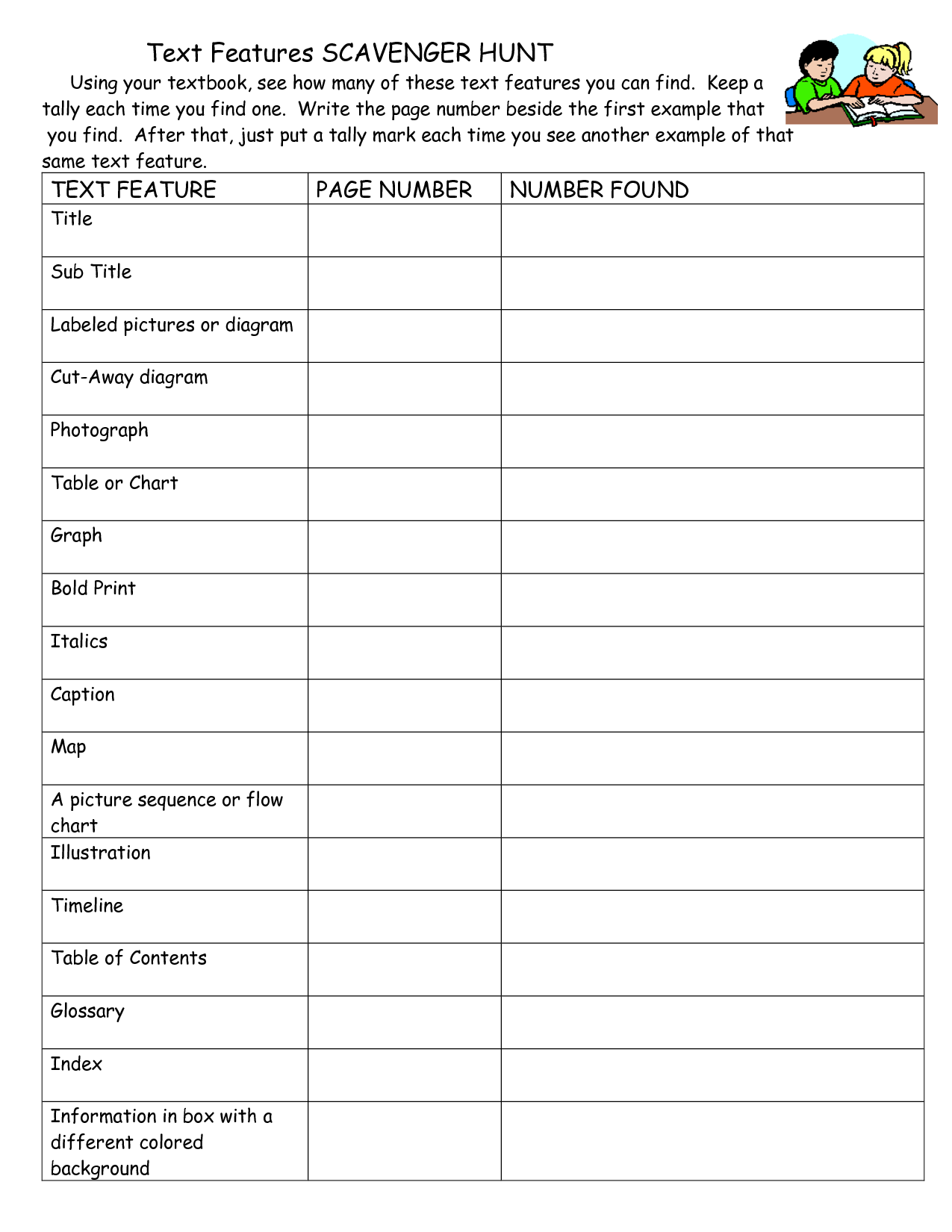 Nonfiction Text Features Worksheet