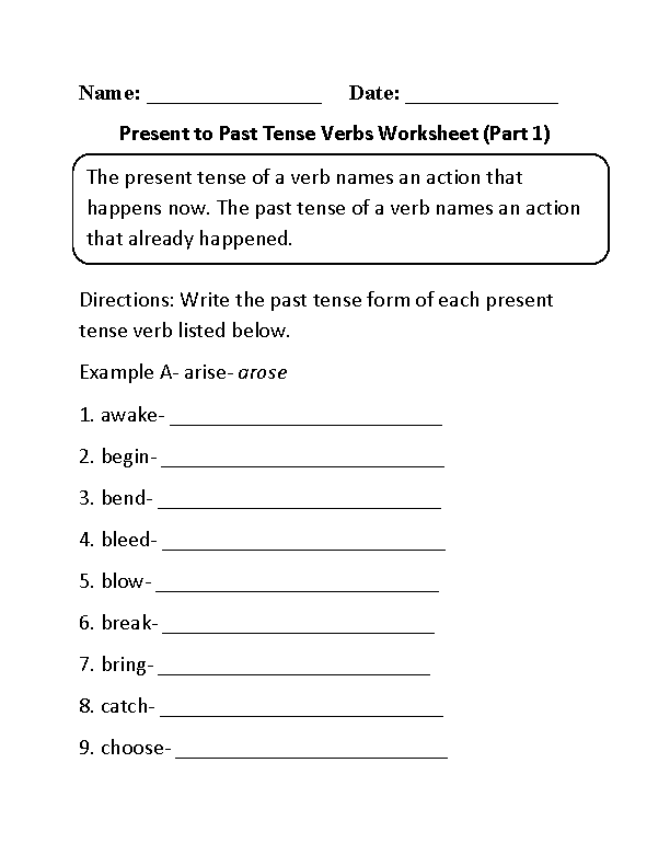 Past Tense Verb Worksheet