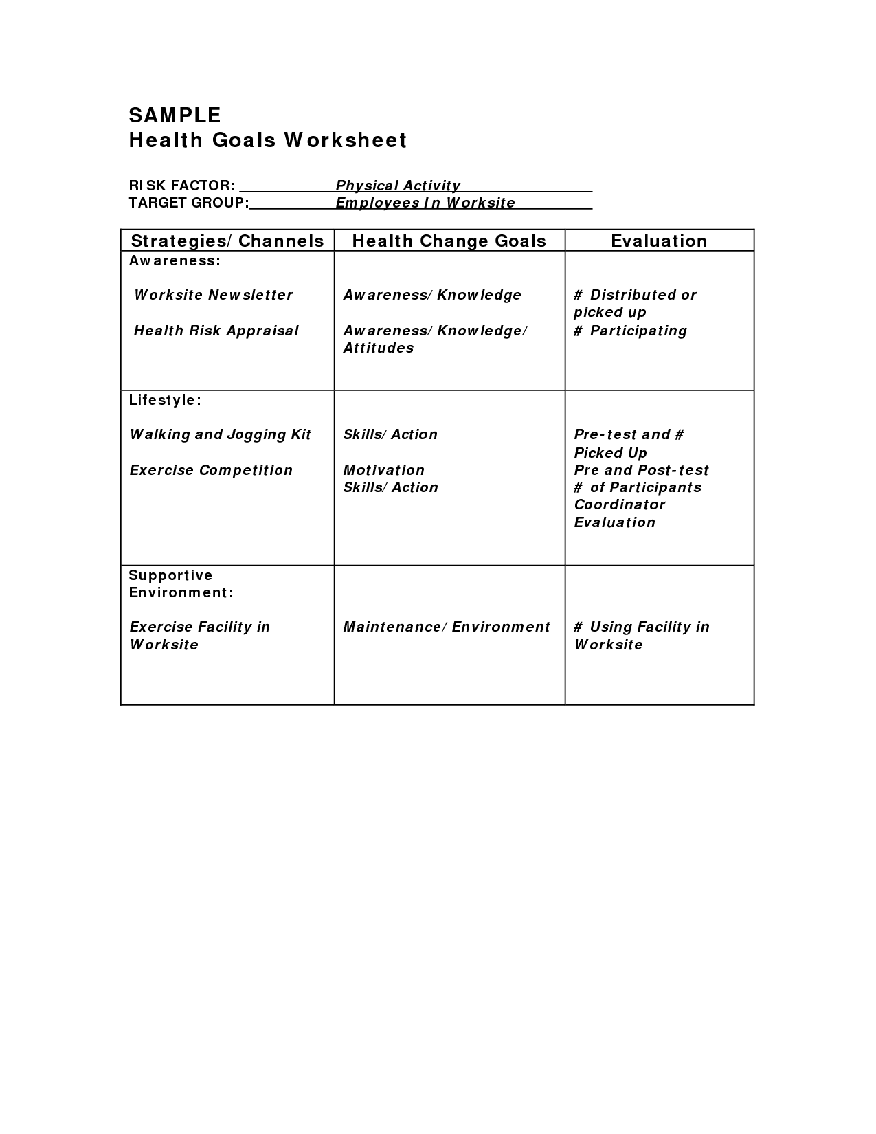 Physical Activity Goal Worksheet