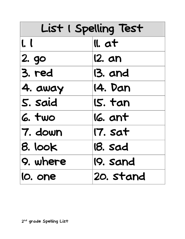 1 Grade Spelling Words List