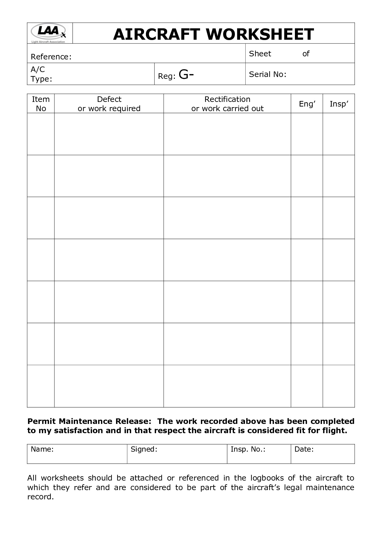 Aircraft Maintenance Worksheet