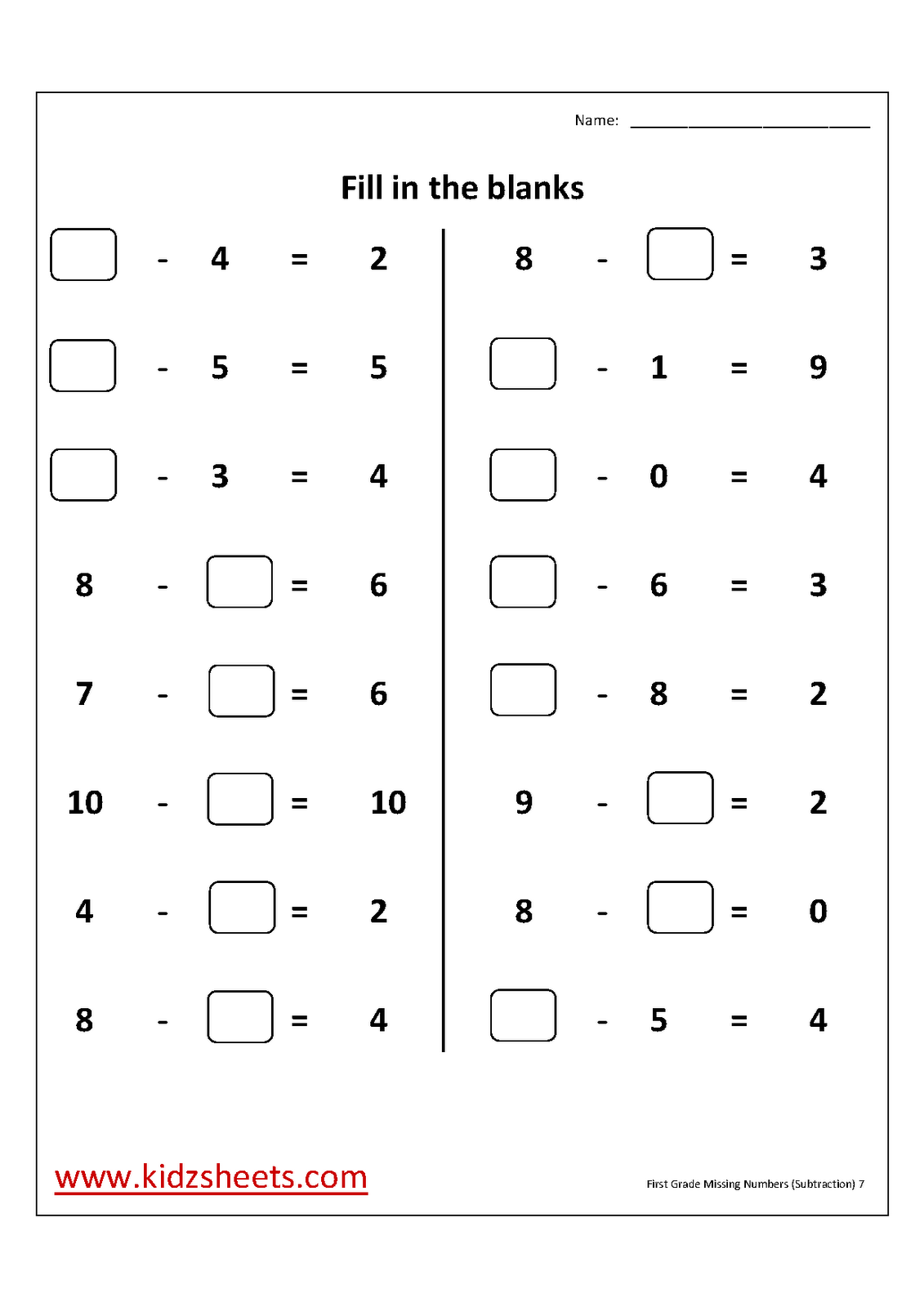 First Grade Missing Number Worksheets