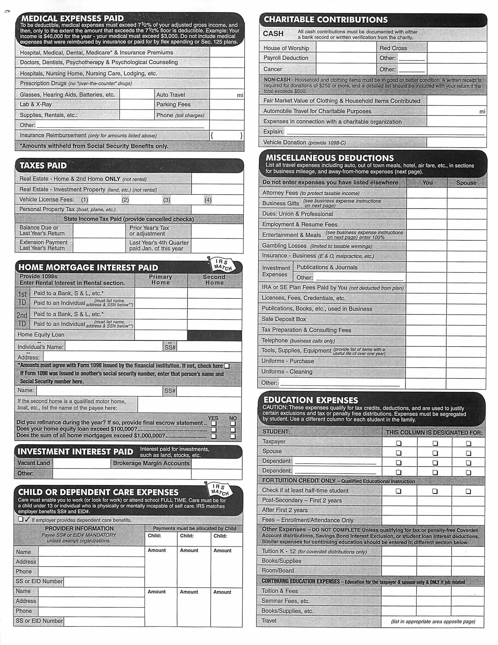 Income Tax Organizer Worksheet