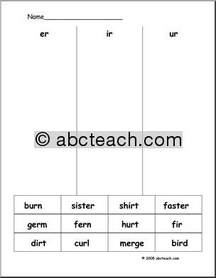 Words with ER Ir Ur Worksheets