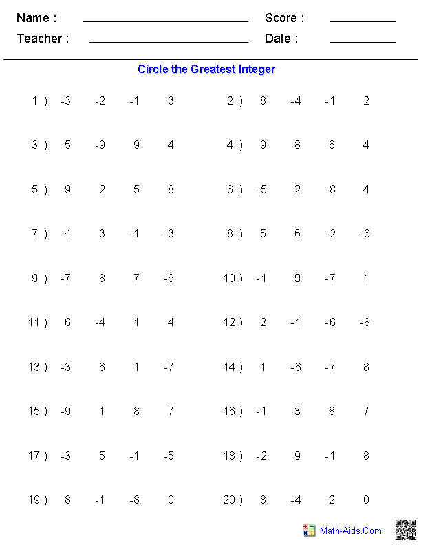 6th Grade Math Worksheets Integers