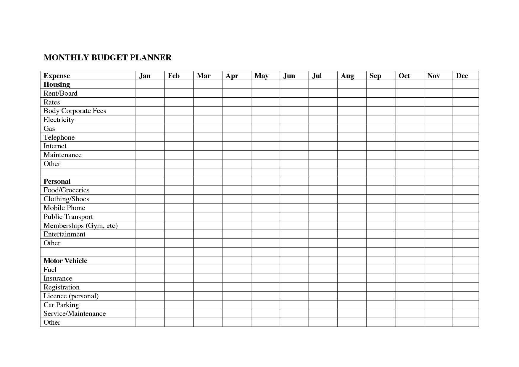 Blank Monthly Budget Spreadsheet