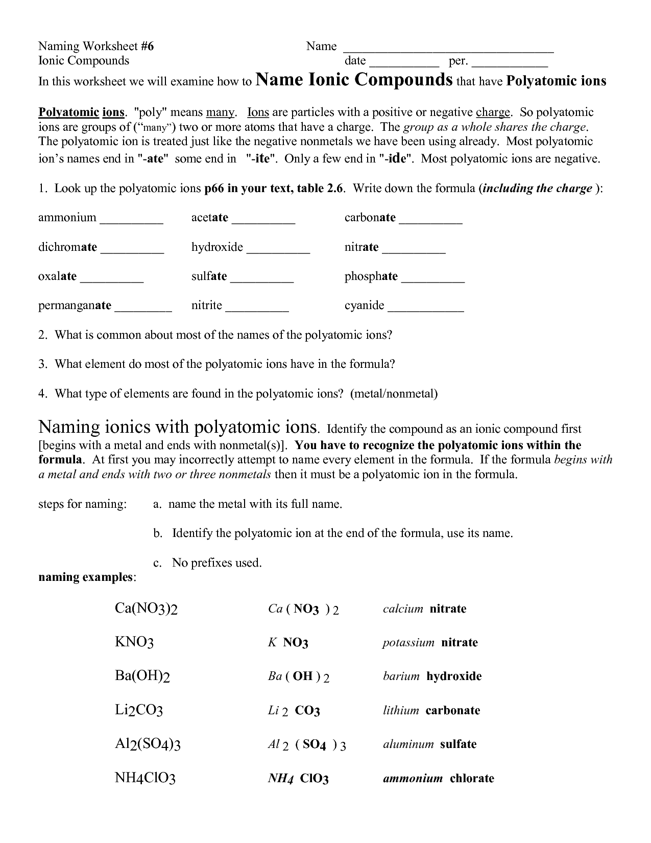 Common Polyatomic Ions Worksheet Answers