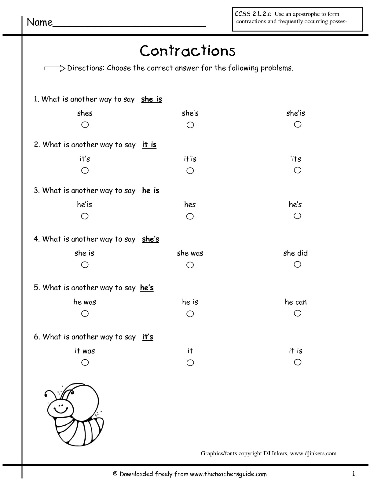 Contraction Worksheets 1st Grade