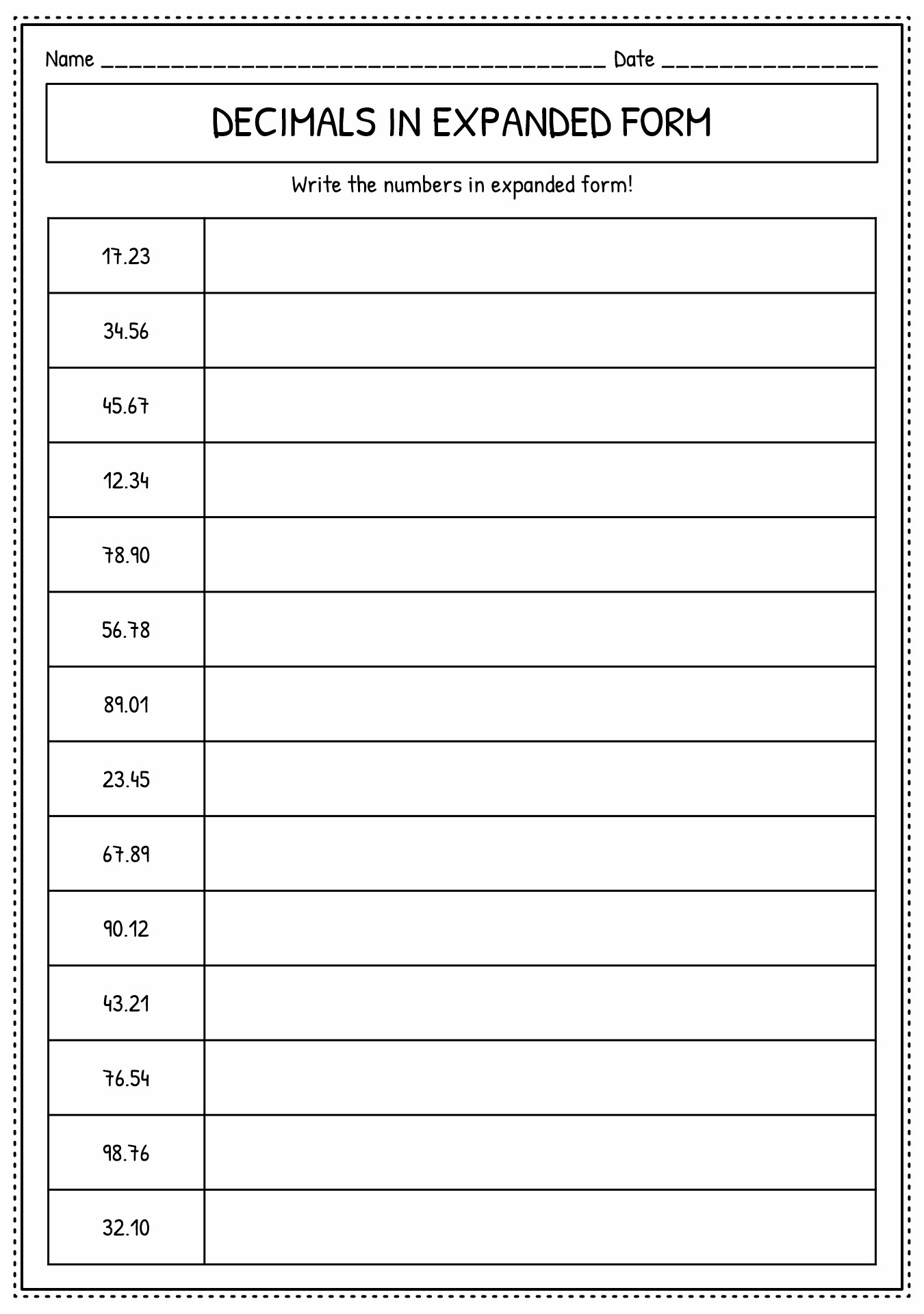 Decimals In Expanded Form Worksheet Printable Word Searches