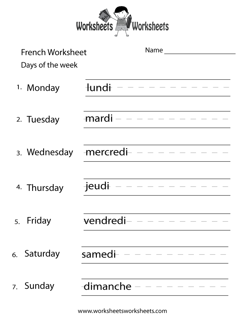 French Days of the Week Worksheets for Kids