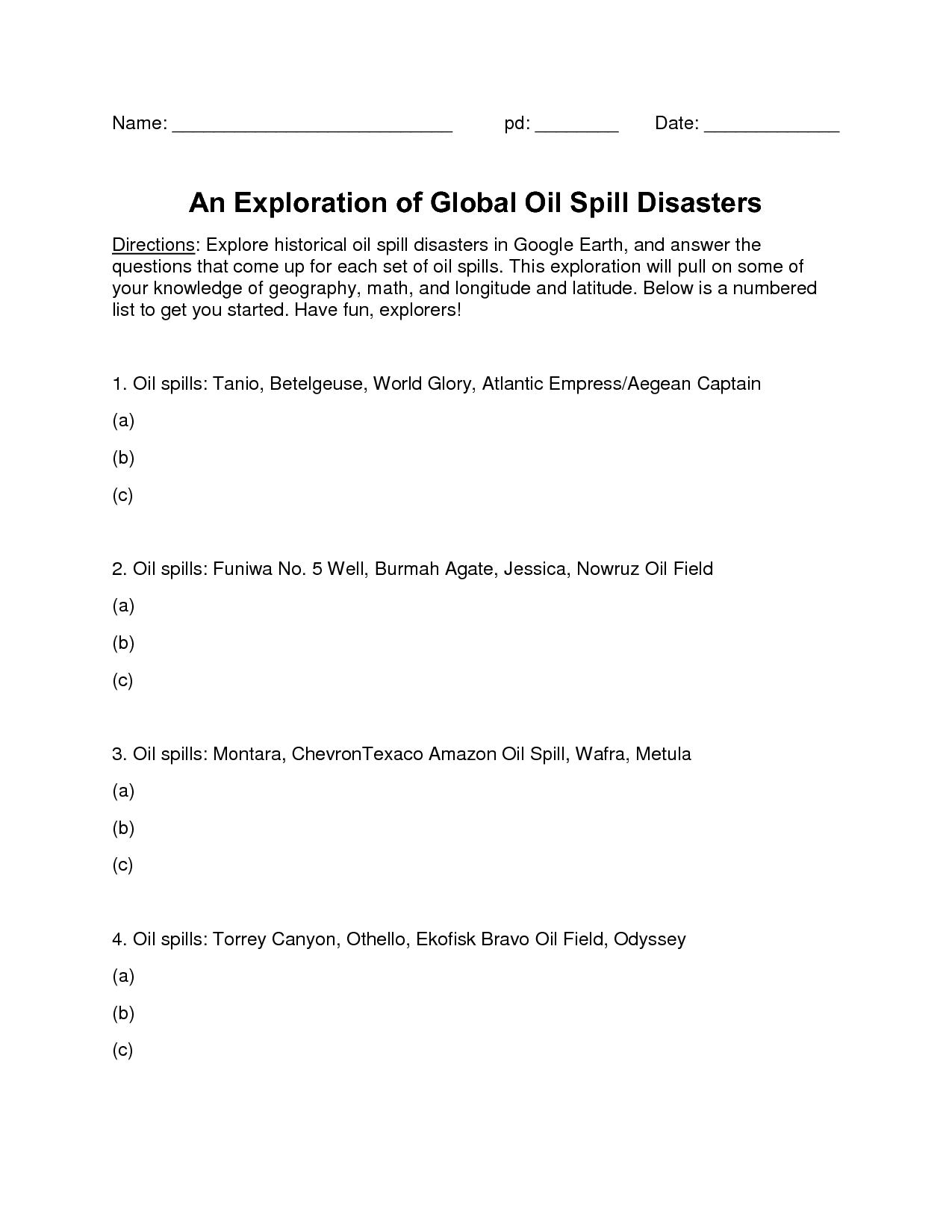 Oil Spill Experiment Worksheet