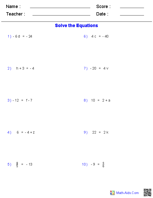 One Step Equations Worksheets