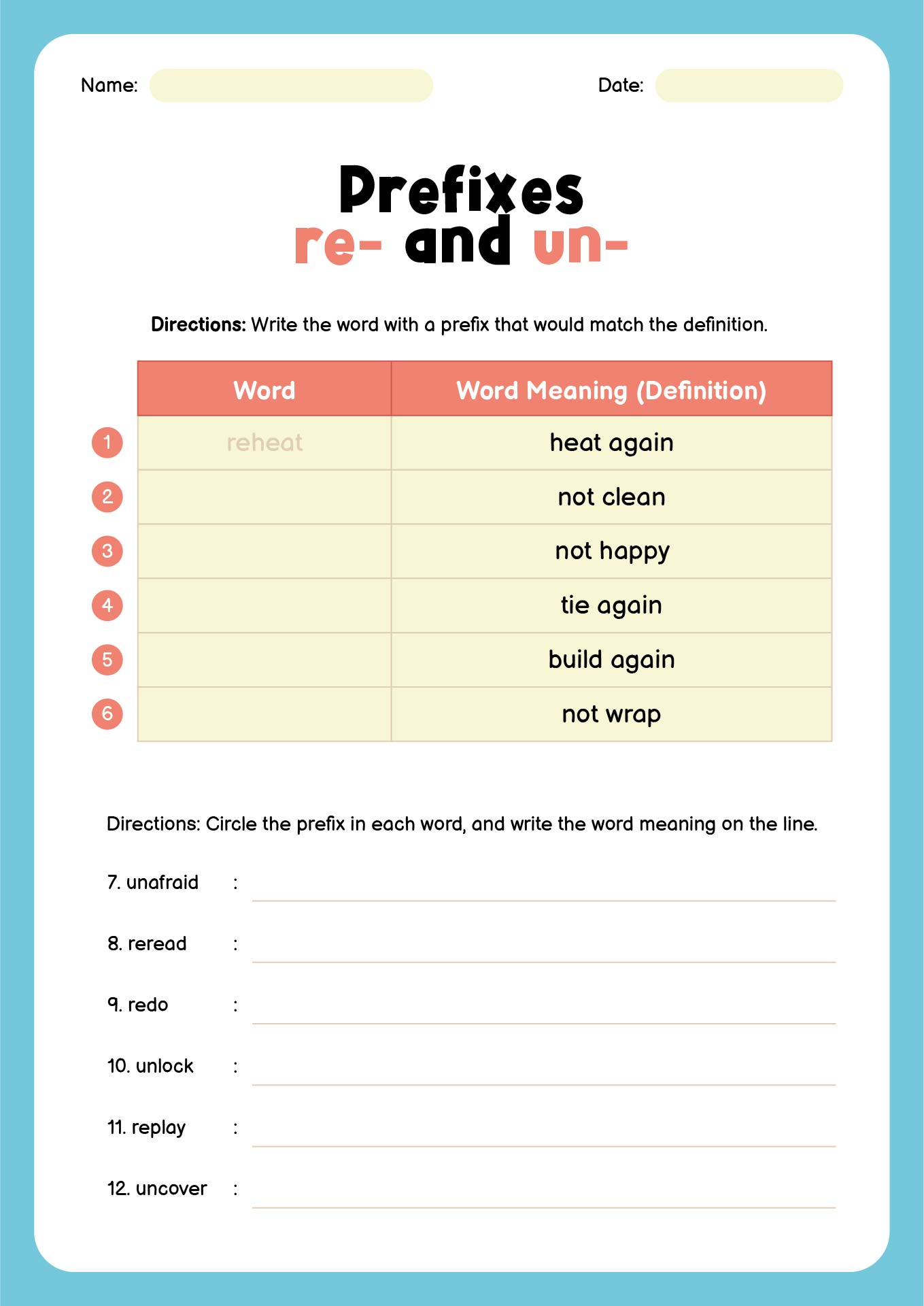 Prefixes Re and UN Worksheets