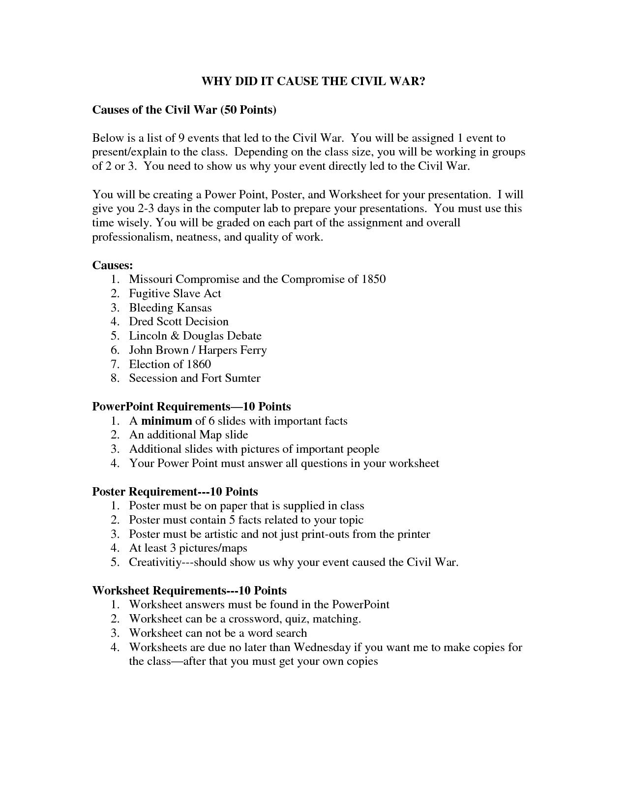 Causes of Civil War Worksheets 8th Grade