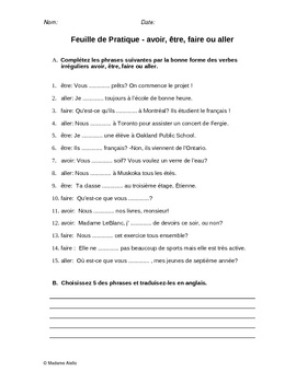 French Present Tense Irregular Verbs Worksheet