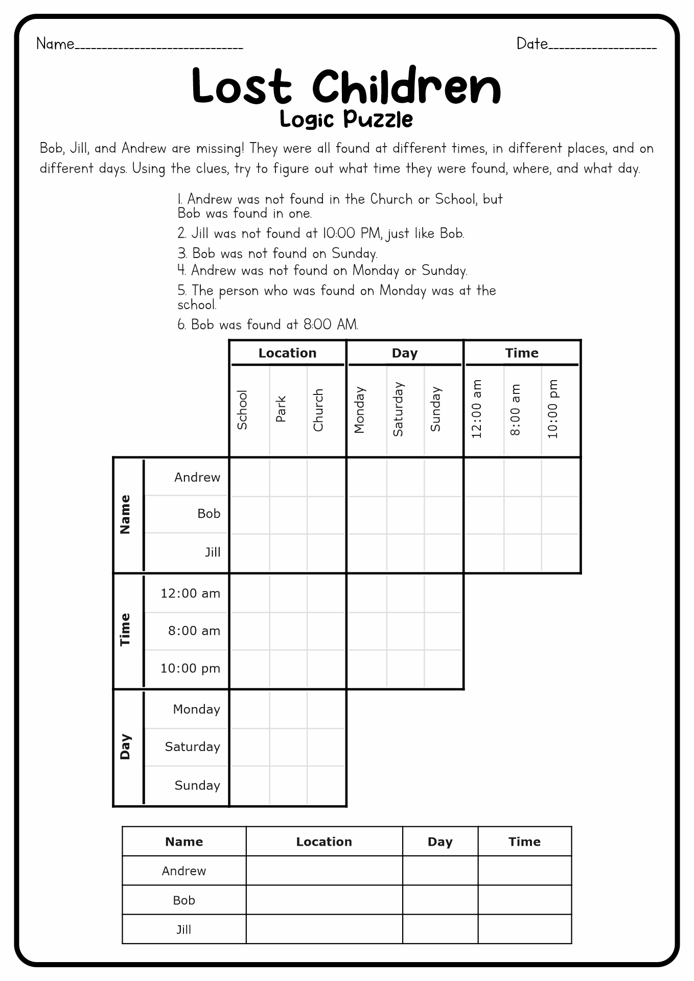 5th Grade Logic Puzzles Worksheets Printable