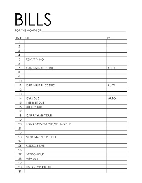 Monthly Bill Payment Worksheet