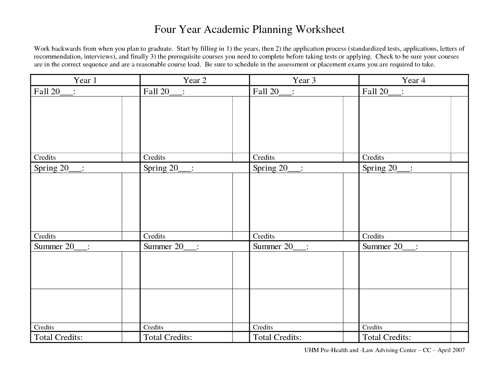 Academic Planning Worksheet