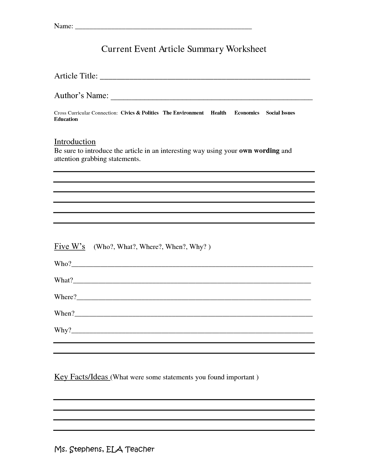 Current Event Article Summary Worksheet