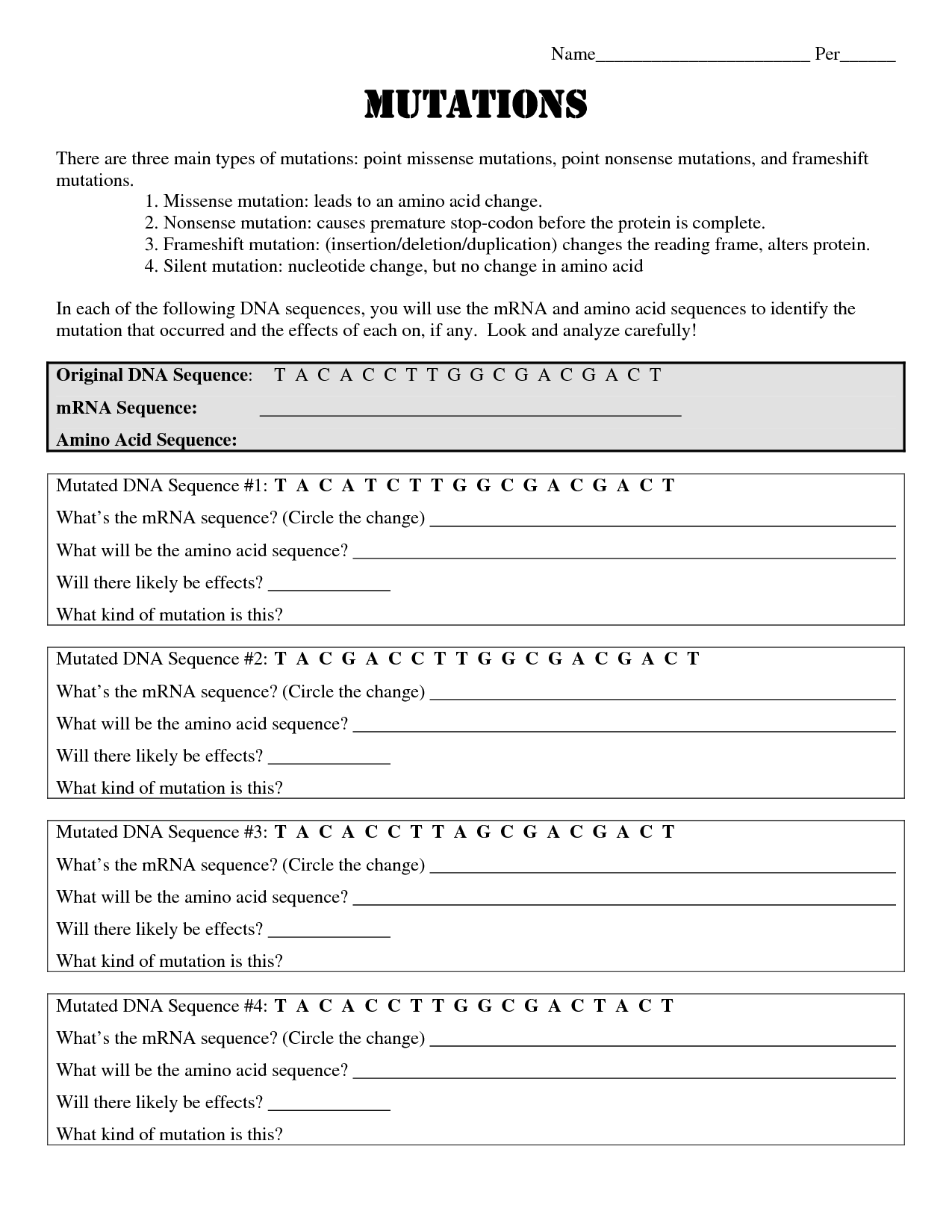 18 Mutations Worksheet Answer Key Practice Worksheeto